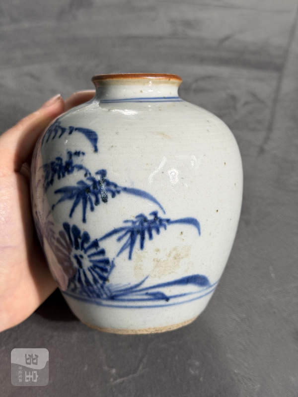 清中期青花竹菊纹太白罐 - 图4